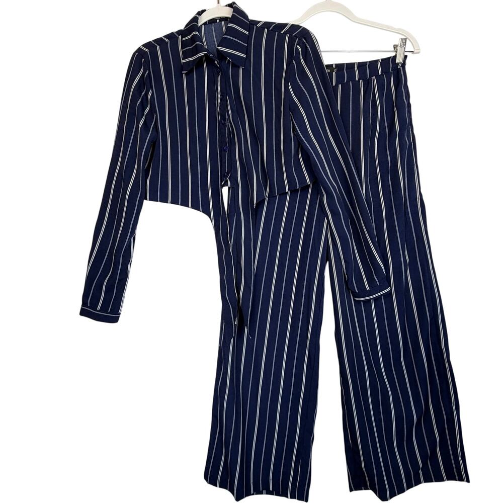 Boohoo Pinstripe Matching Shirt and Pants Wide Leg Co-ord Set Women Size 12 Blue